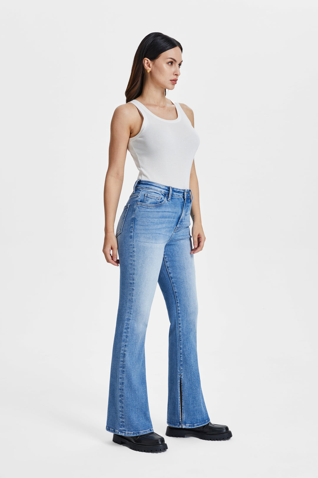 HIGH RISE FLARE DENIM JEANS WITH SLIT