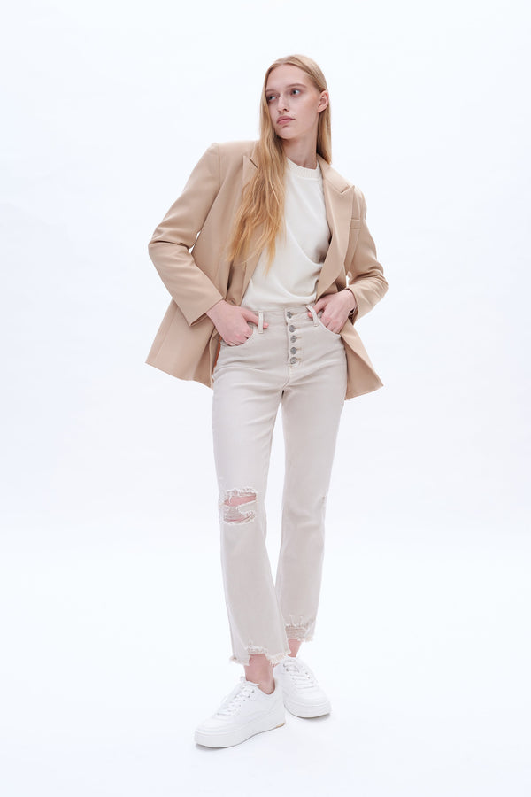 High Rise Frayed Hem Jeans-Straight-BAYEAS