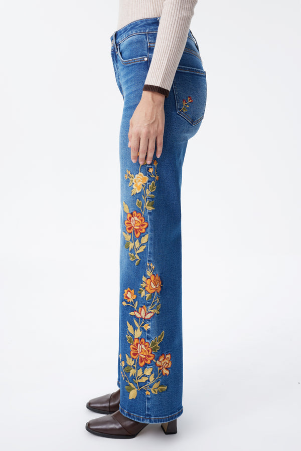 New York High Rise Embroidered Wide Leg Jeans