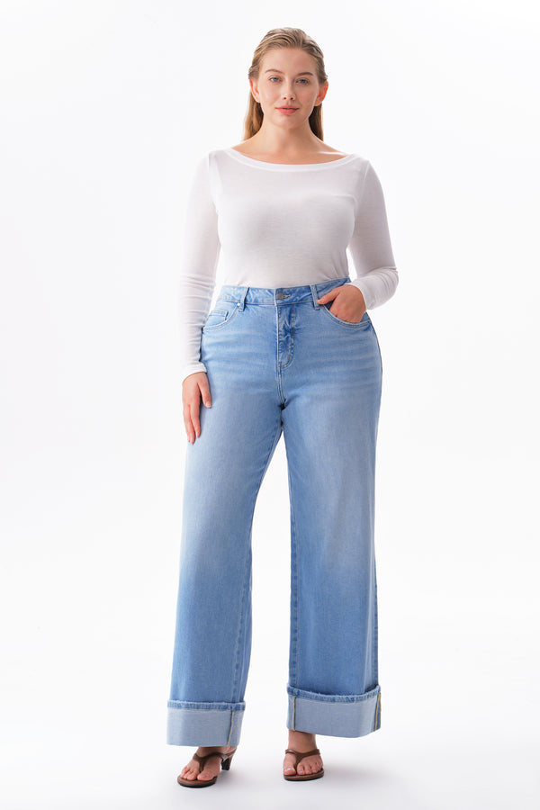 Mid Rise Cuffed Wide Leg Jeans
