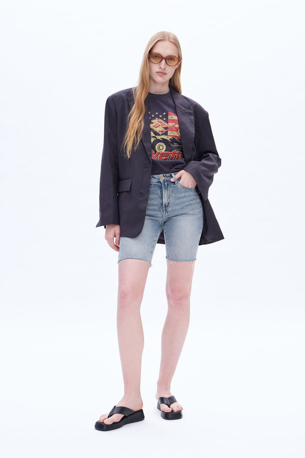 Ally Mid Rise Denim Shorts With Raw Hem-Shorts-BAYEAS