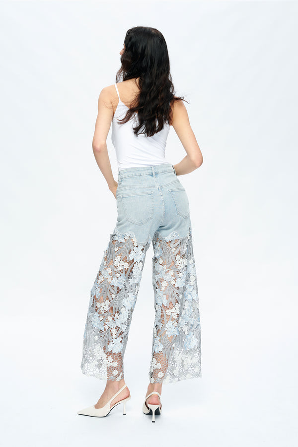 Embroidery High Rise Wide Leg Lace Denim Jeans With Rhinestone (最新版备份)-Wide Leg-BAYEAS