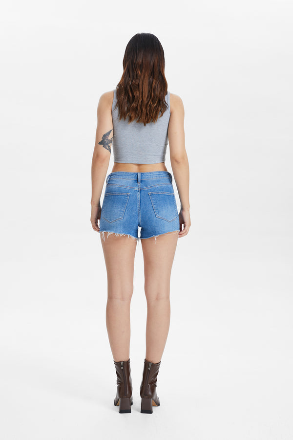 High Rise Denim Shorts With Raw Hem-Shorts-BAYEAS