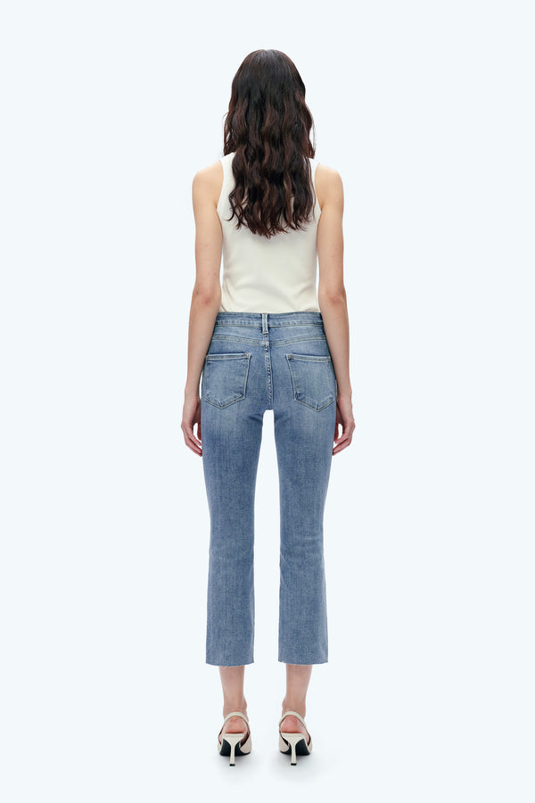 Mid Rise Cropped Raw Hem Straight Leg Jeans