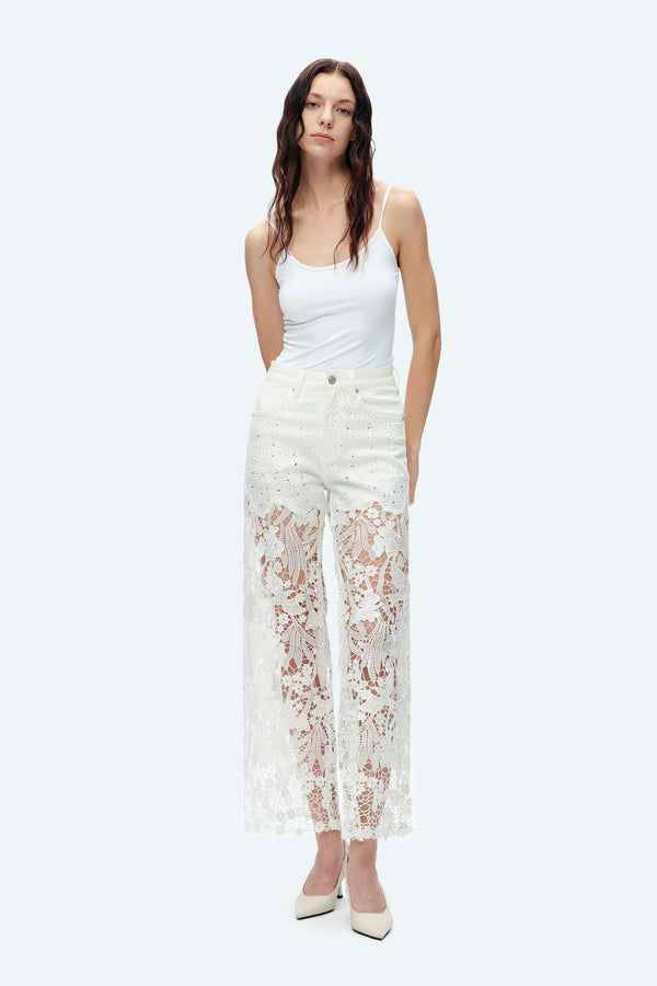 Embroidery High Rise Wide Leg Lace Denim Jeans With Rhinestone (最新版备份)-Wide Leg-BAYEAS