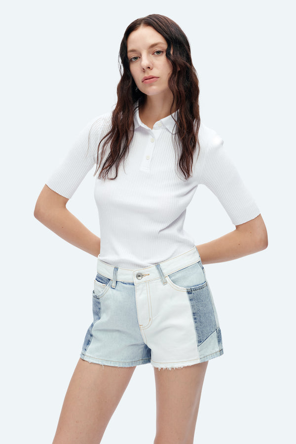 Elsa Mid Rise Patchwork Denim Shorts-Shorts-BAYEAS