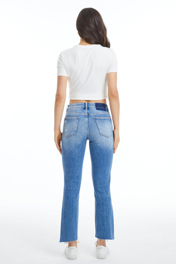 Mid Rise Slim Straight Jeans With Raw Hem-Straight-BAYEAS