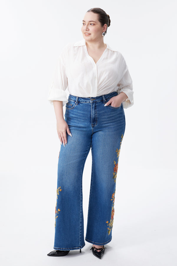 New York High Rise Embroidered Wide Leg Jeans