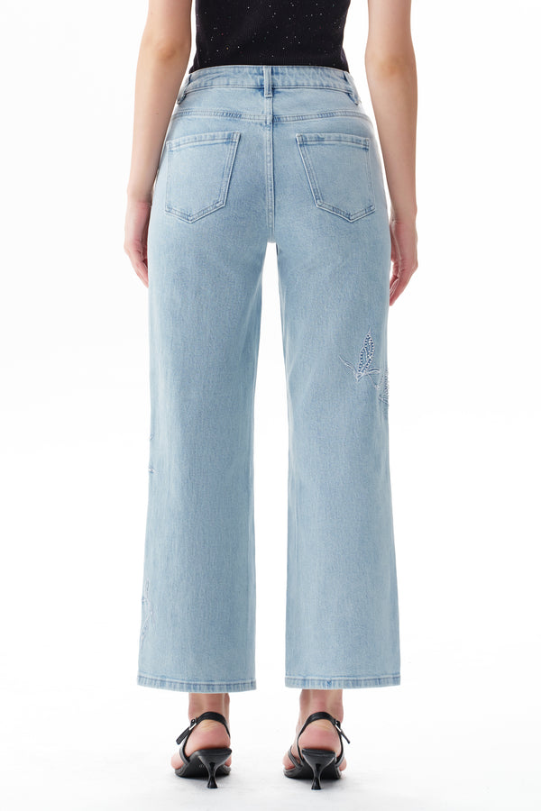 High Rise Ankle Embroidered Straight Leg Jeans