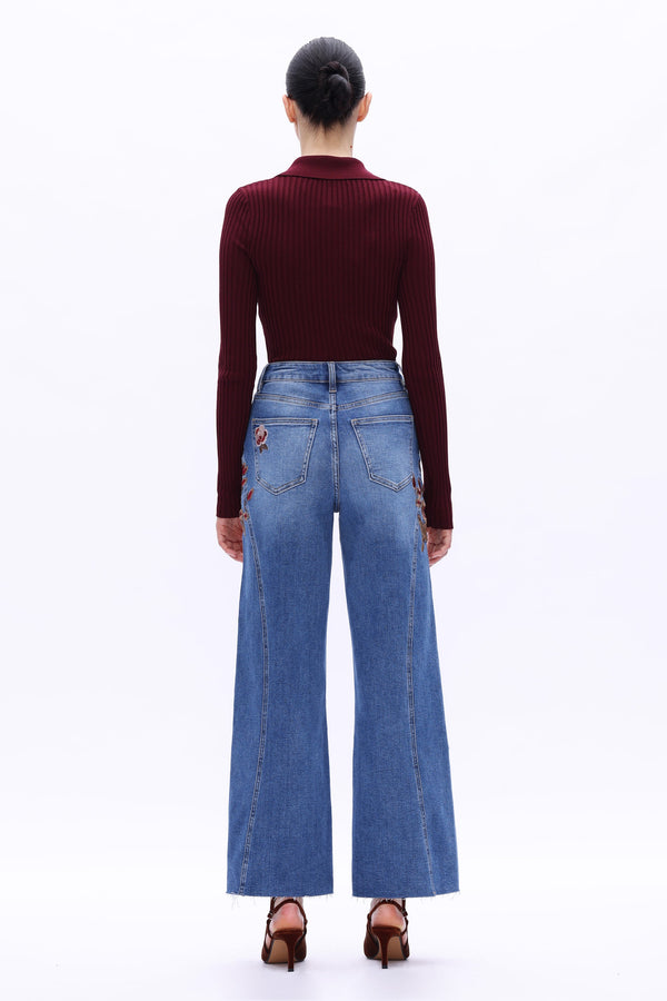 High Rise Embroidered Wide Leg Jeans-Wide Leg-BAYEAS