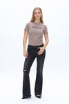 Mid Rise Flare Denim Jeans With Raw Edge Hem-Flare & Bootcut-BAYEAS