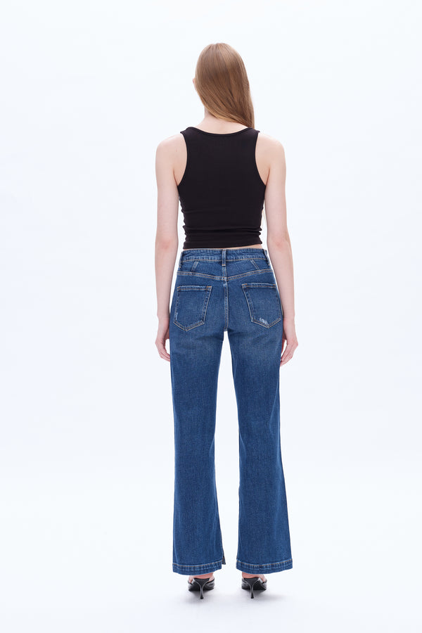 High Rise Straight Denim Jeans With Slit-Straight-BAYEAS