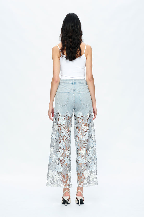 Embroidery High Rise Wide Leg Lace Denim Jeans With Rhinestone (最新版备份)-Wide Leg-BAYEAS