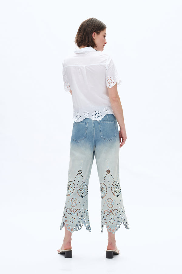 Faded Lace Cut-out Jeans-Wide Leg-BAYEAS