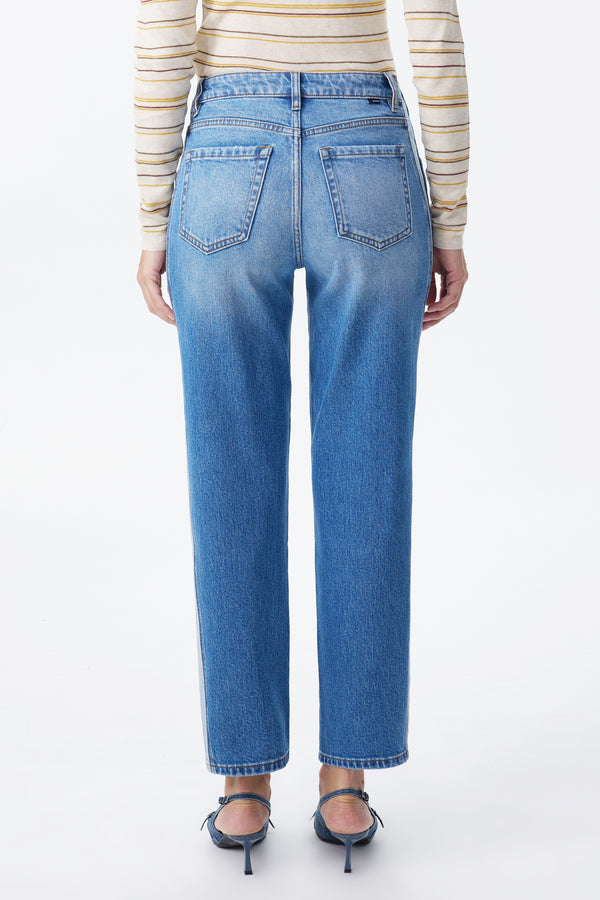 Mid Rise Contrast Panel Straight Leg Jeans