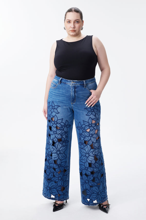 High Rise Embroidered Lace Wide Leg Jeans