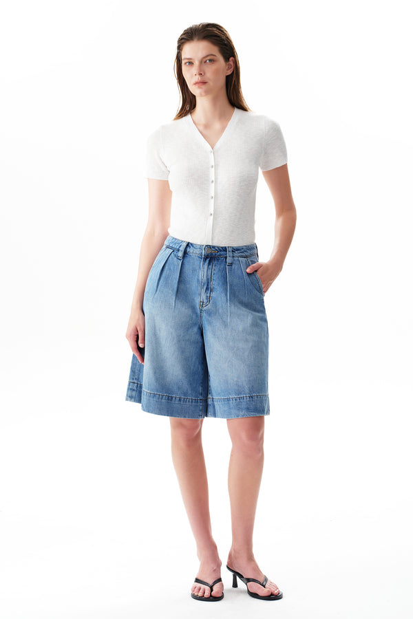 High Rise Pleated Denim Bermuda Shorts