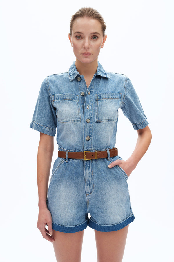 Boxy Fit Denim Romper-Rompers-BAYEAS