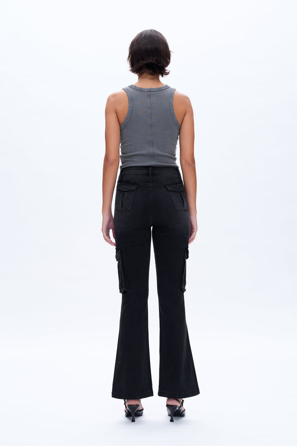 Black Flared Cargo Jeans-Flare & Bootcut-BAYEAS