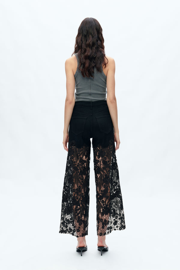 Embroidery High Rise Wide Leg Lace Denim Jeans With Rhinestone (最新版备份)-Wide Leg-BAYEAS
