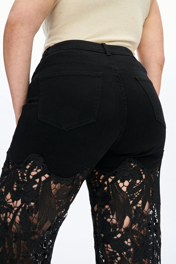 Embroidery High Rise Wide Leg Lace Denim Jeans With Rhinestone (最新版备份)-Wide Leg-BAYEAS