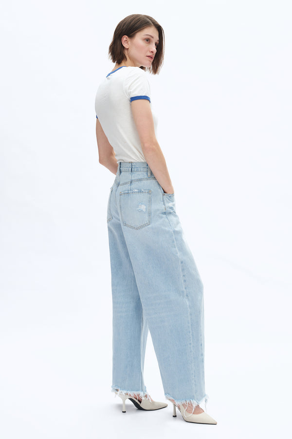 Frayed Hems Drop Crotch Barrel Jeans-Barrel-BAYEAS