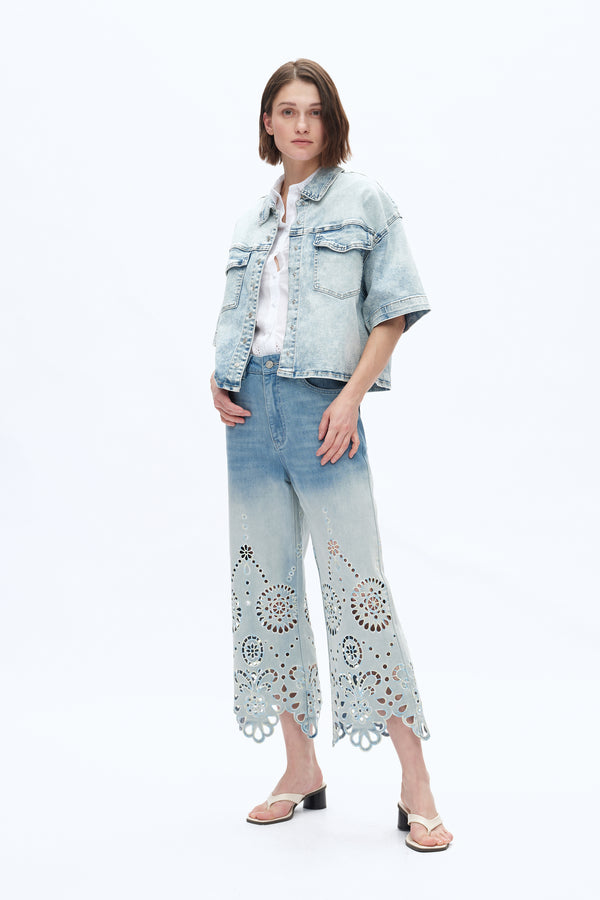 Faded Lace Cut-out Jeans-Wide Leg-BAYEAS