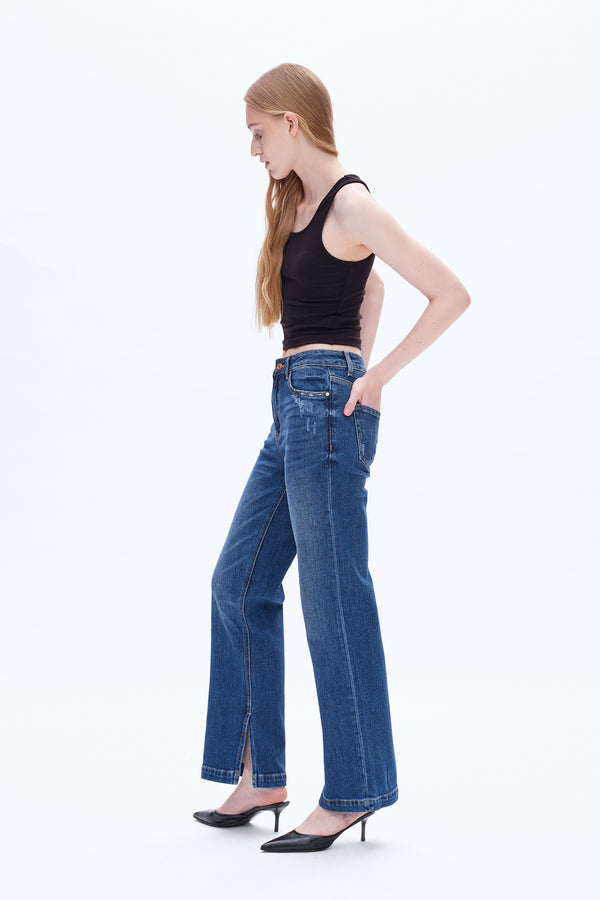 High Rise Straight Denim Jeans With Slit-Straight-BAYEAS
