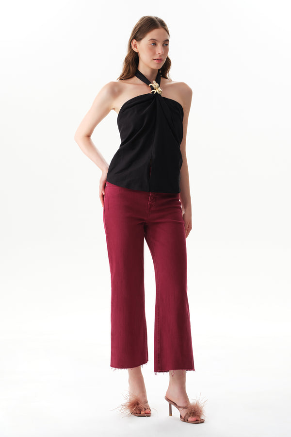 High Rise Cropped Distressed Wide Leg Jeans
