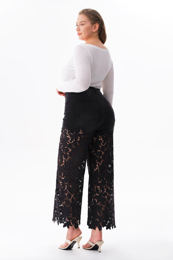 High Rise Floral Embroidered Wide Leg Pants