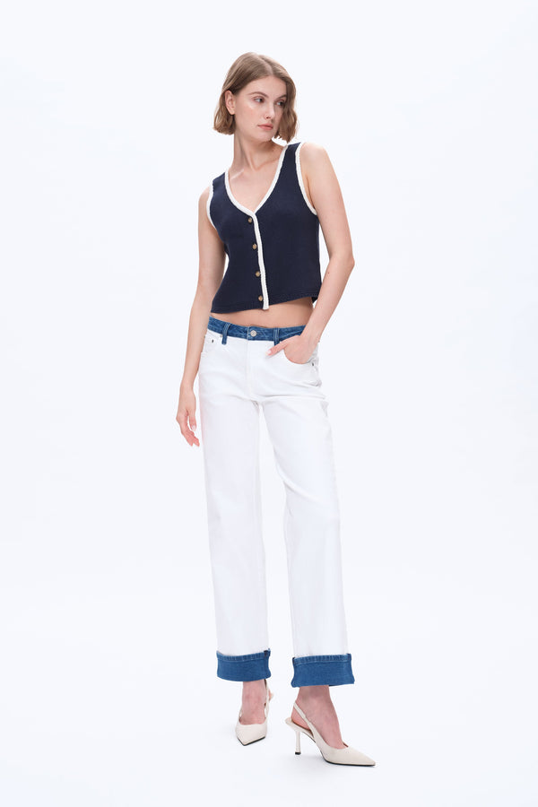 Paneled Straight Leg White Trousers-Straight-BAYEAS