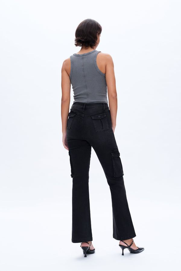Black Flared Cargo Jeans-Flare & Bootcut-BAYEAS