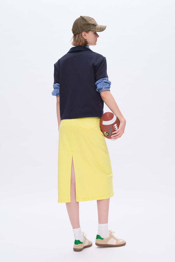 Midi Denim Skirt with Back Slit-Skirts-BAYEAS