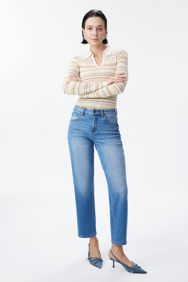 Mid Rise Contrast Panel Straight Leg Jeans