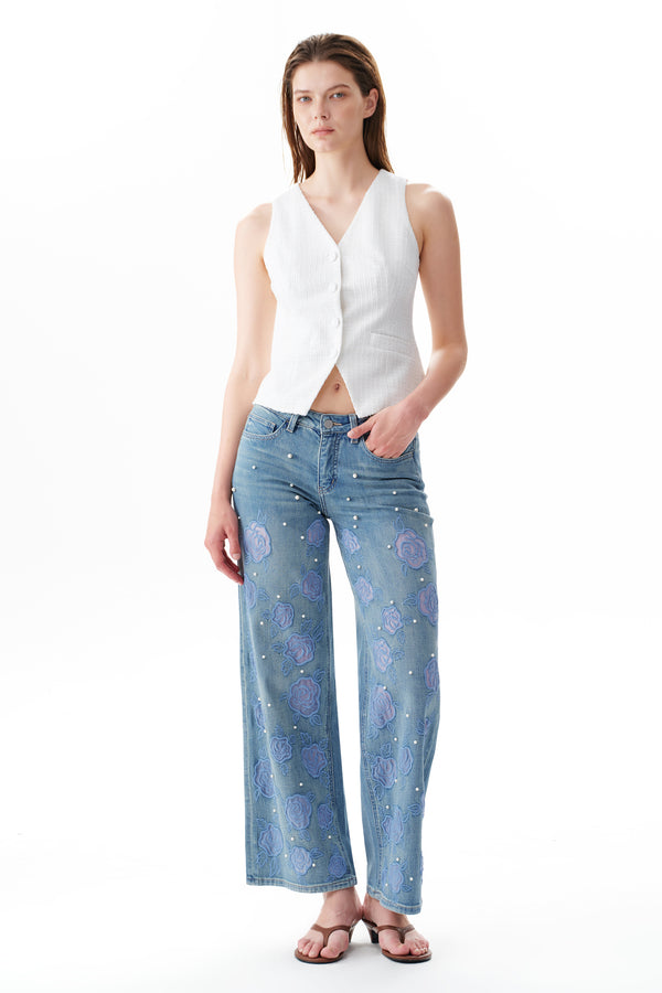 Chic Mid Rise Pearl Embellished Wide Leg Jeans