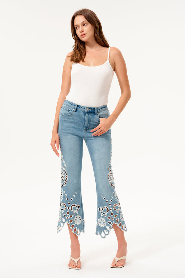 High Rise Embroidered Lace Flare Jeans
