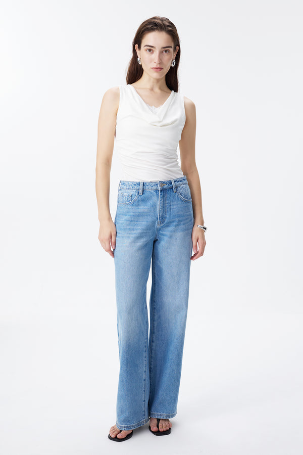 High Rise Contrast Panel Straight Jeans