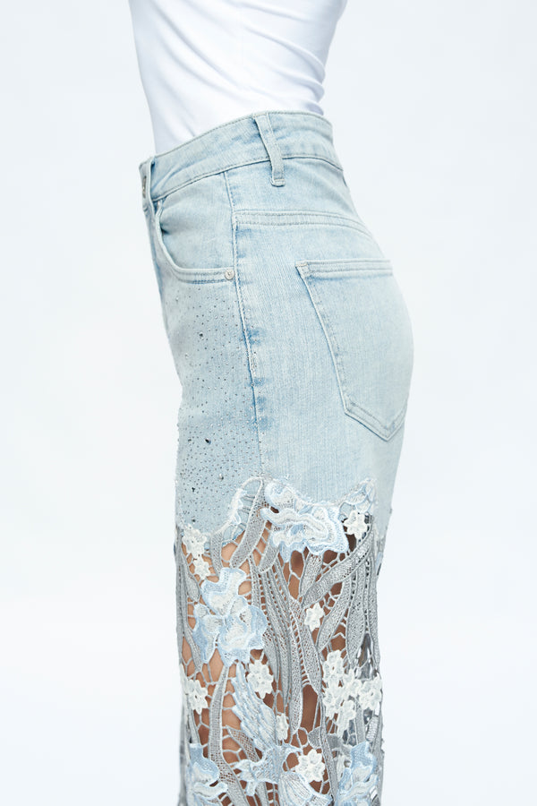 Embroidery High Rise Wide Leg Lace Denim Jeans With Rhinestone (最新版备份)-Wide Leg-BAYEAS