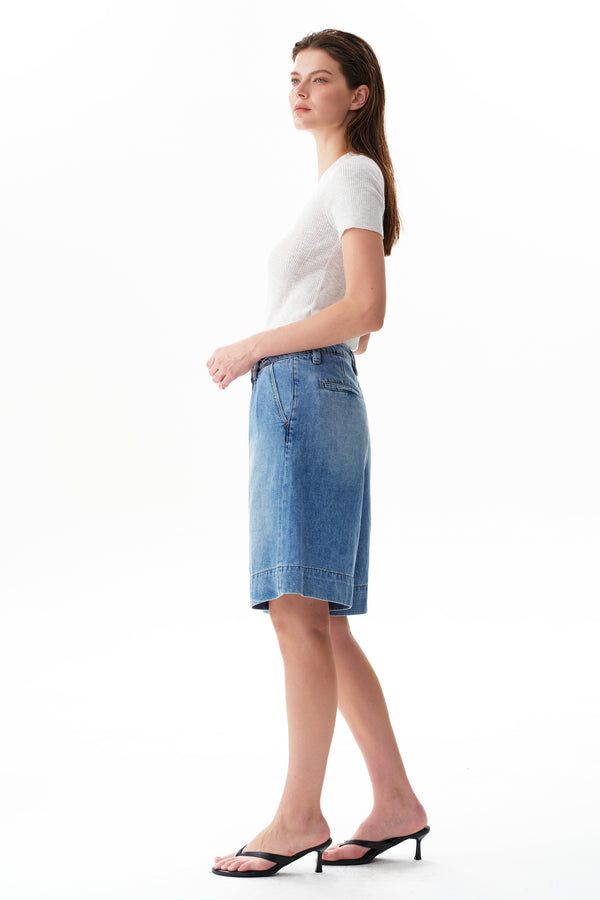 High Rise Pleated Denim Bermuda Shorts