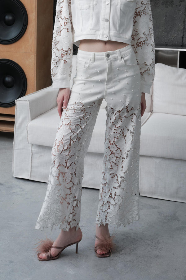 High Rise Floral Embroidered Wide Leg Pants