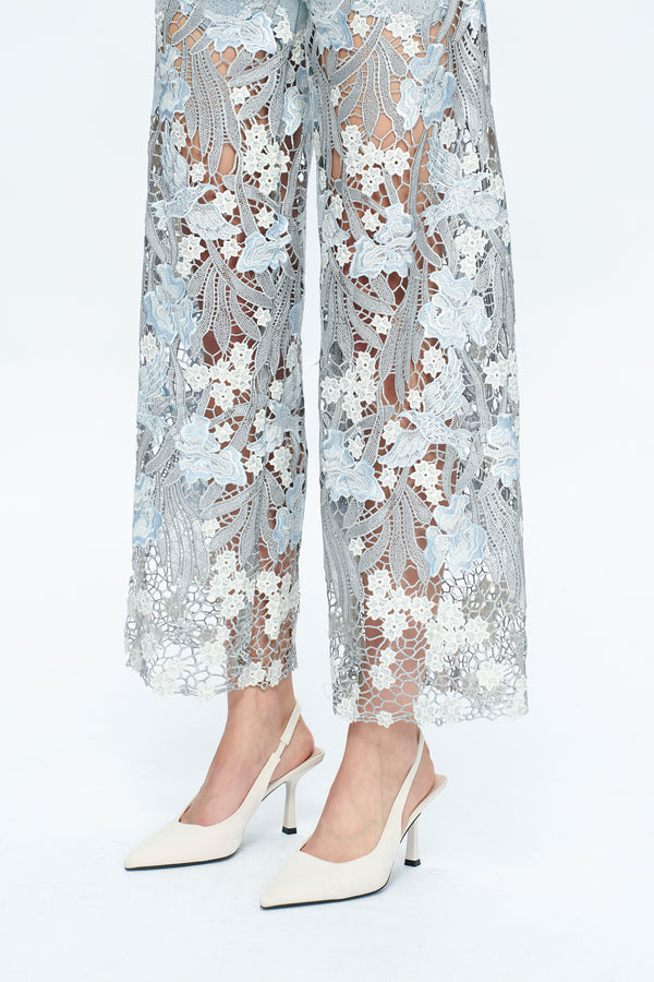 Embroidery High Rise Wide Leg Lace Denim Jeans With Rhinestone (最新版备份)-Wide Leg-BAYEAS