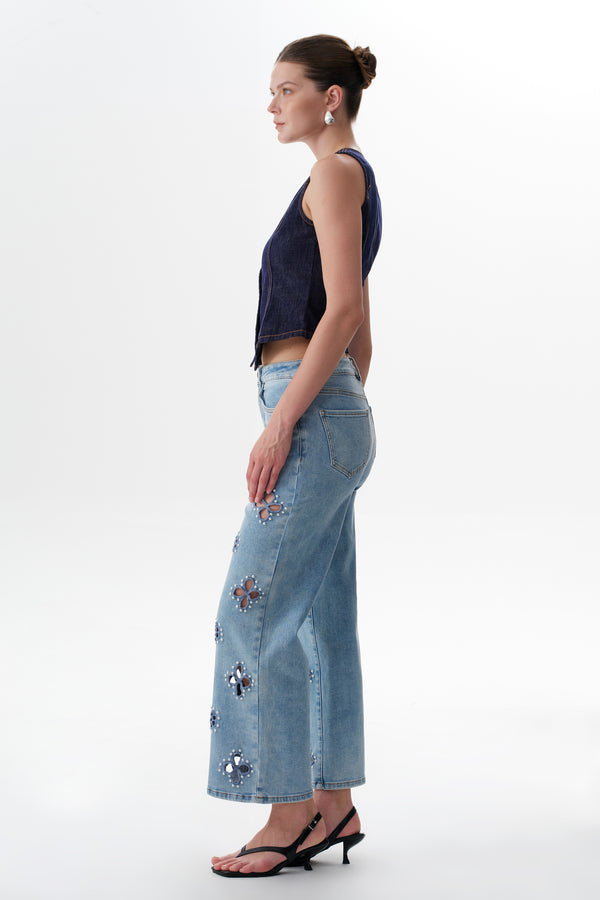 High Rise Floral Embroidered Straight Leg Jeans