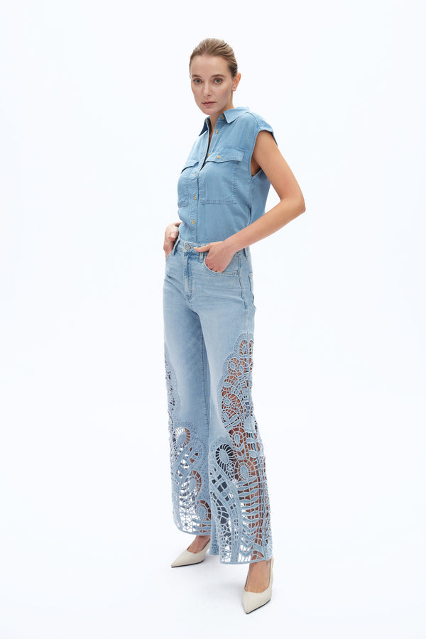 Lace Patchwork Wide Leg Jeans-Wide Leg-BAYEAS