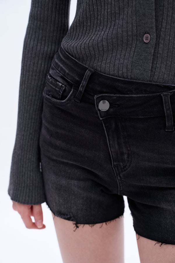 Mid Rise Crossover Denim Shorts-Shorts-BAYEAS