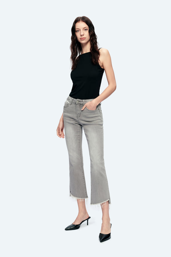 High Rise Straight Ankle Denim Jeans With Raw Edge-Straight-BAYEAS