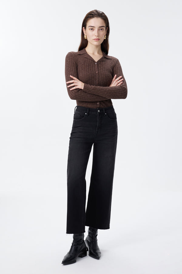 High Rise Cropped Distressed Wide Leg Jeans