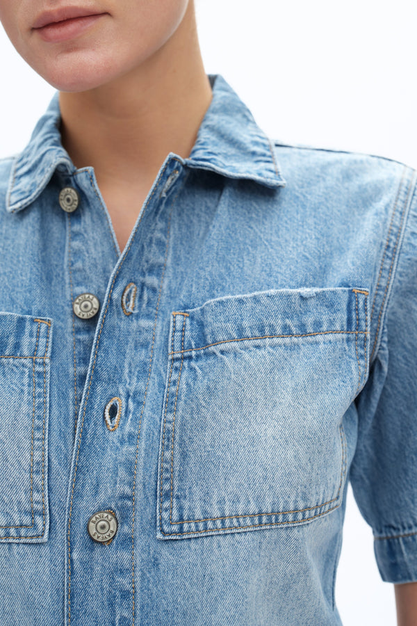 Boxy Fit Denim Romper-Rompers-BAYEAS