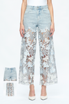Embroidery High Rise Wide Leg Lace Denim Jeans With Rhinestone (最新版备份)-Wide Leg-BAYEAS