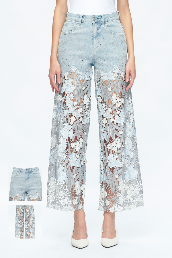 Embroidery High Rise Wide Leg Lace Denim Jeans With Rhinestone (最新版备份)-Wide Leg-BAYEAS