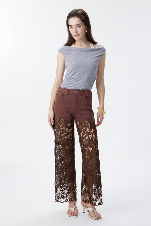 High Rise Ankle Embroidered Lace Wide Leg Jeans